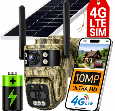 Kamera Solarna GSM HR-10C 10 MPx Obrotowa Zewnętrzna 4G Lte na kartę SIM Baterie